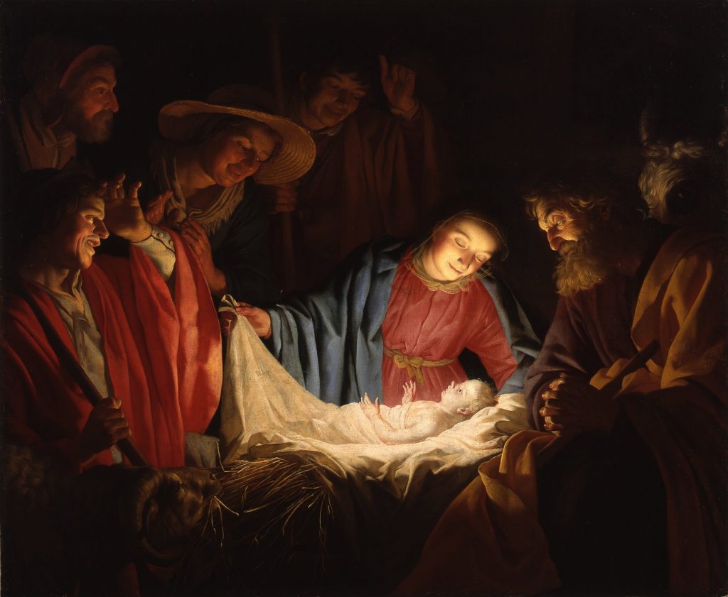 Shepherds adoring baby Jesus with Mary looking on