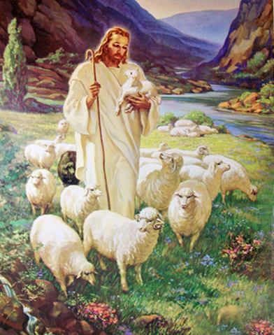 Jesus with his lambs, in a field with mountains and stream