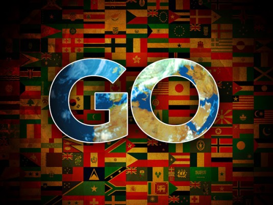 abstract picture with the word GO set out with the world behind it