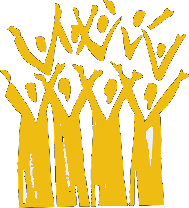 Graphic design using yellow stick figures with arm raised to the sky in worship