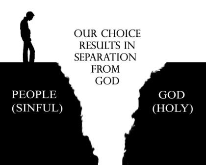man standing on one side of a chasm with God on the other, "our choice results in separate from God"