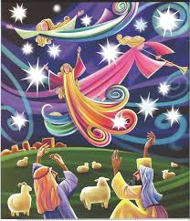 animated and colorful portrayal of angels flying in the sky with glory and shepherds and sheep below