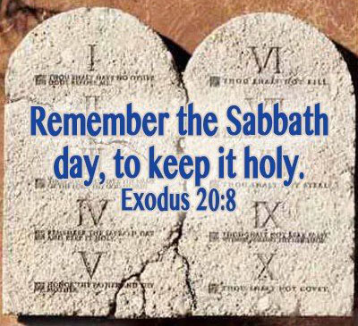 stone tablets with Exodus 20:8 quoted to Remember the Sabbath day, to keep it holy.