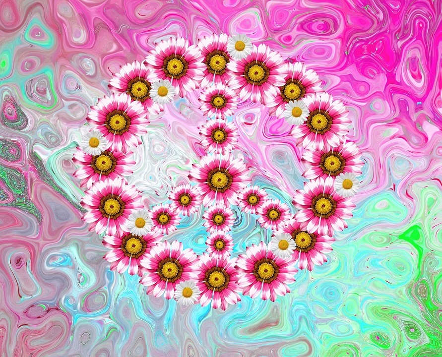 peace sign made out of flowers on a colorful background