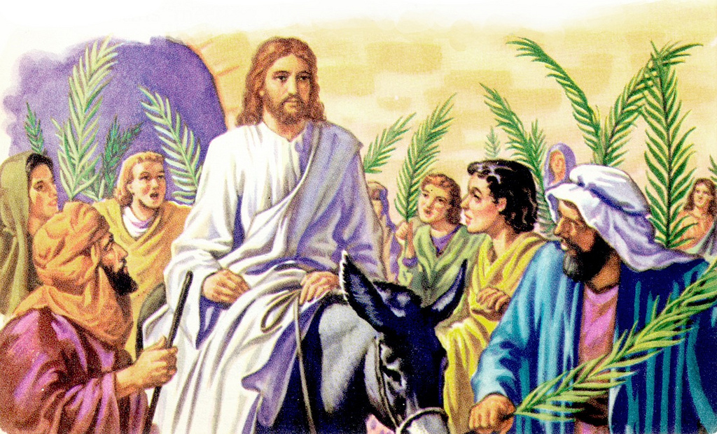 Jesus riding a donkey surrounded by people with palm branches