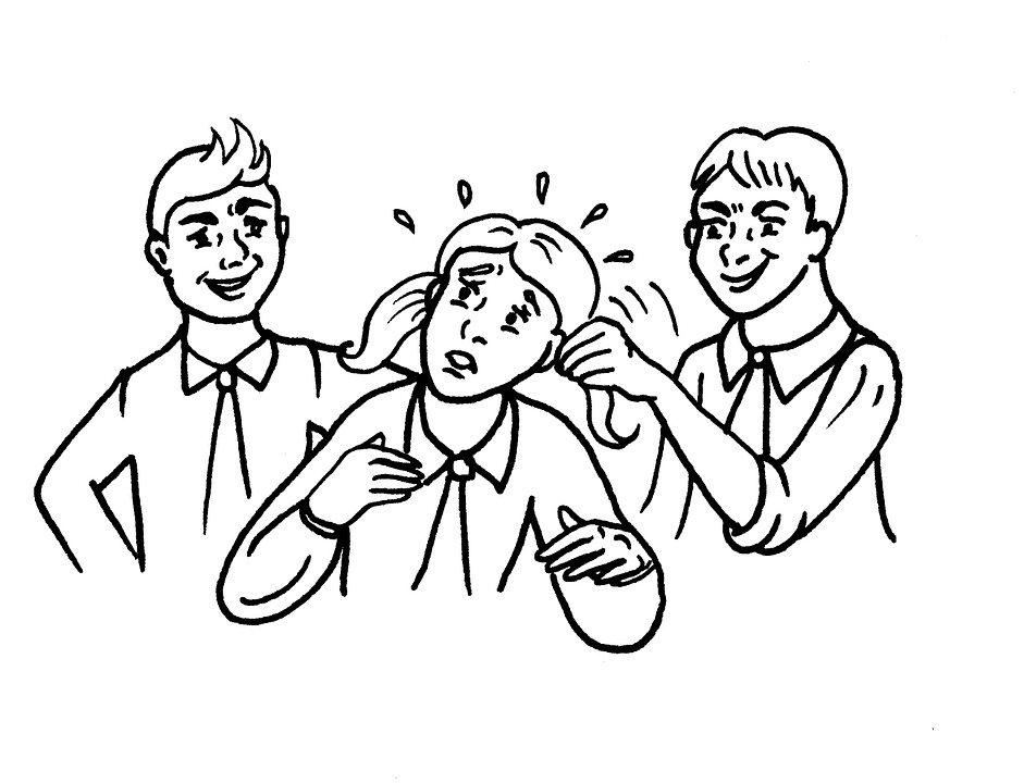 Drawing of 2 boys bullying a girl, one is pulling her pigtails