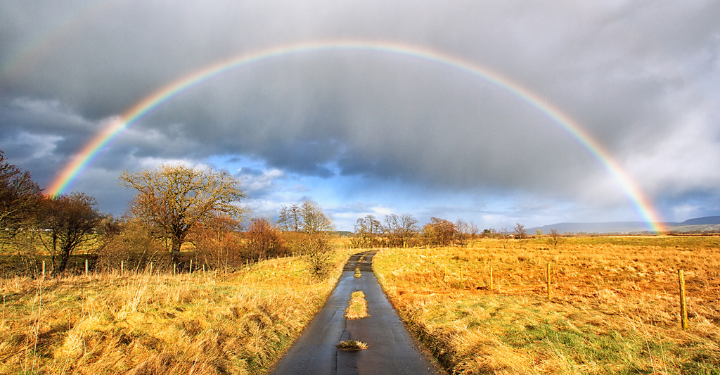 country road wet from a rain with a rainbow in the distance