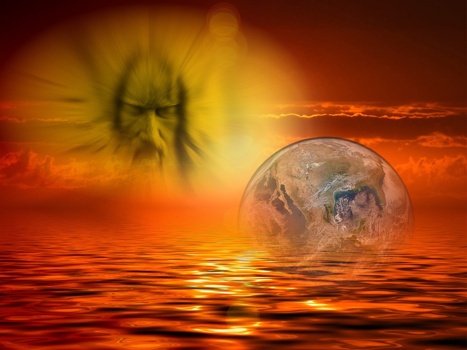 image of God looking on the earth with sky and open water tinted orange