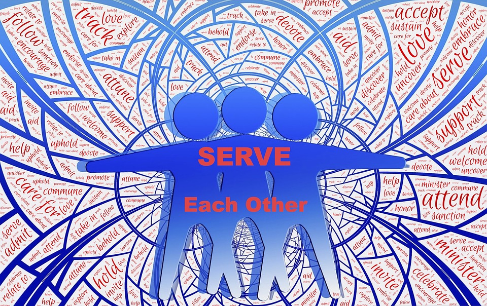 graphic design of 3 blue people figures with arms outstretched blue and red design with red words Serve Each Other