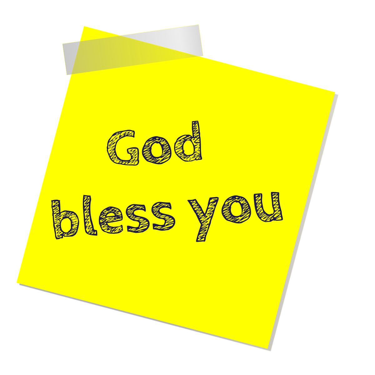 yellow sticky note with "God Bless You" written on it