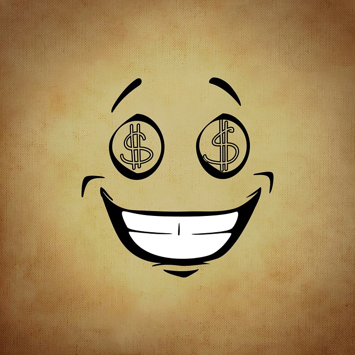 smiley face with dollar signs in the eyes and a smile of greed