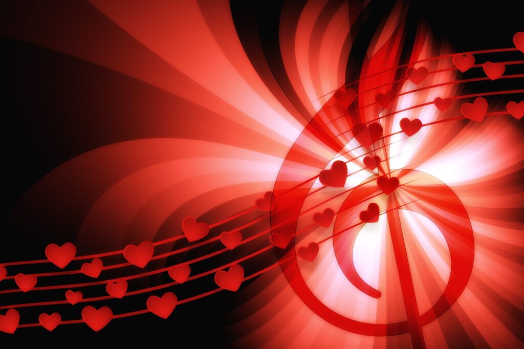 red on black - treble clef with hearts on a staff, all swirling around bright light