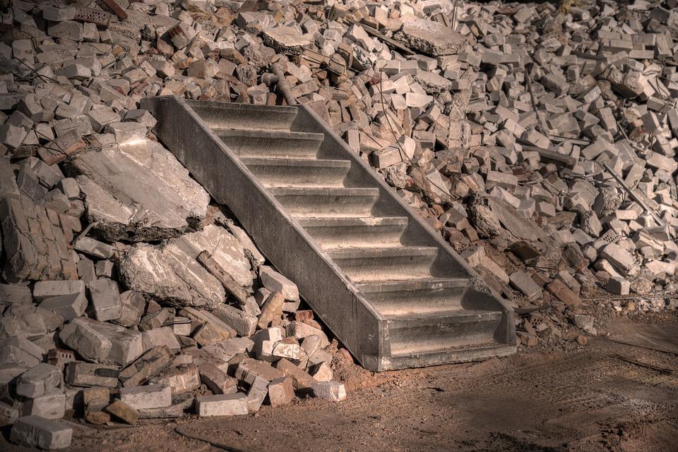 rubble of bricks and stairs