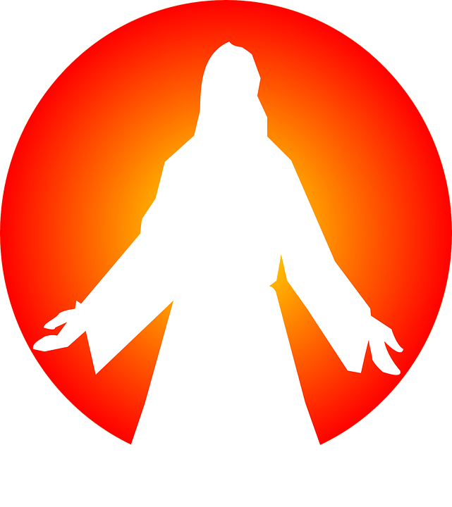 outline of Jesus in bright orange circle of light