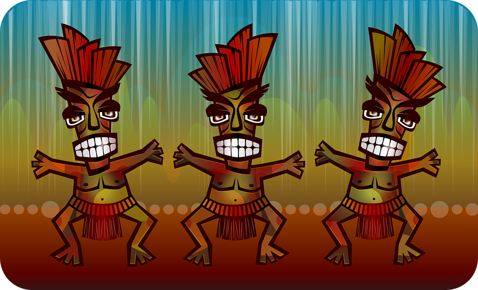 3 dancing Aztecs wearing loincloth and head dress