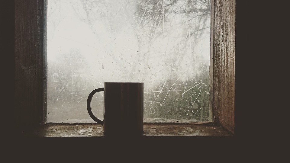 mug sitting in a window sill