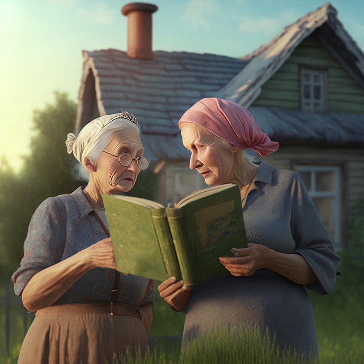 two older women standing in front of a house looking at a big book together while talking