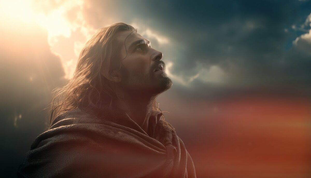 Jesus depicted looking up into the sky