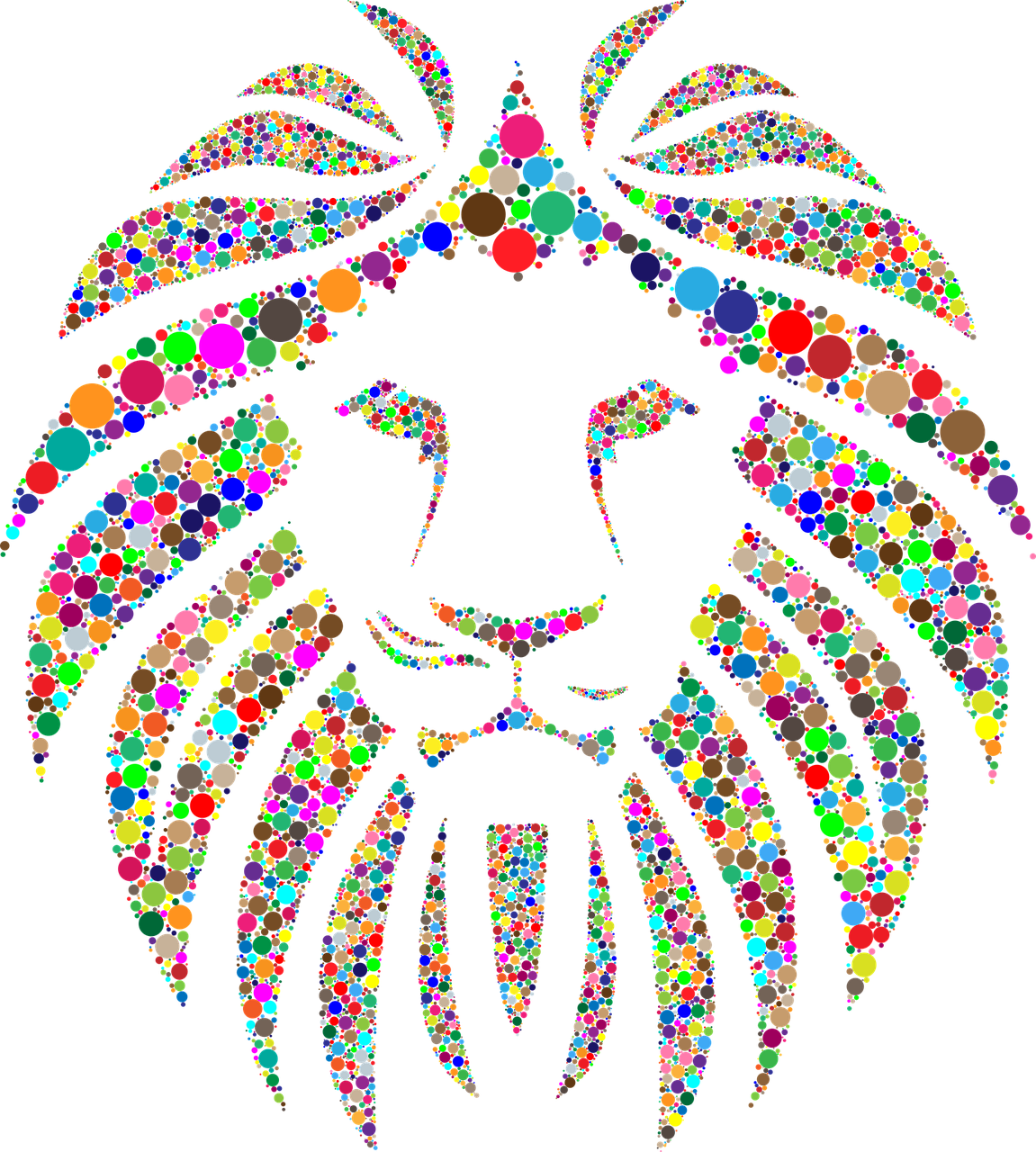 outline of a lion's head made by many colorful dots