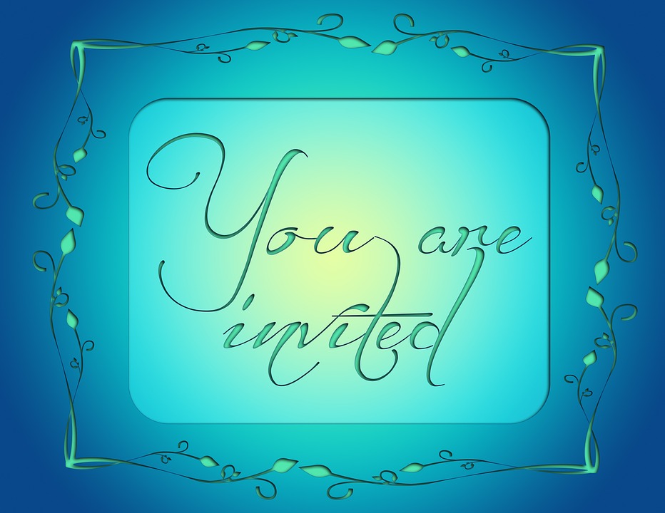 invitation on bright blue card with script words: You are invited"