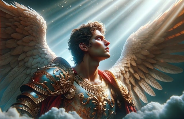 archangel ai generated gazing into light rays form heaven