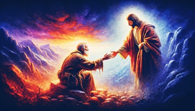 man reaching for Jesus hand against colorful background with light like grace