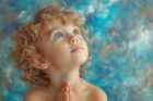 little blue eyed child looking up with hands in prayer formation with blue sparkling background