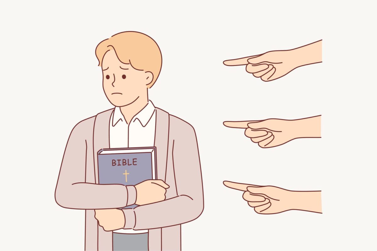 cartoon man holding Bible with fingers pointing at him