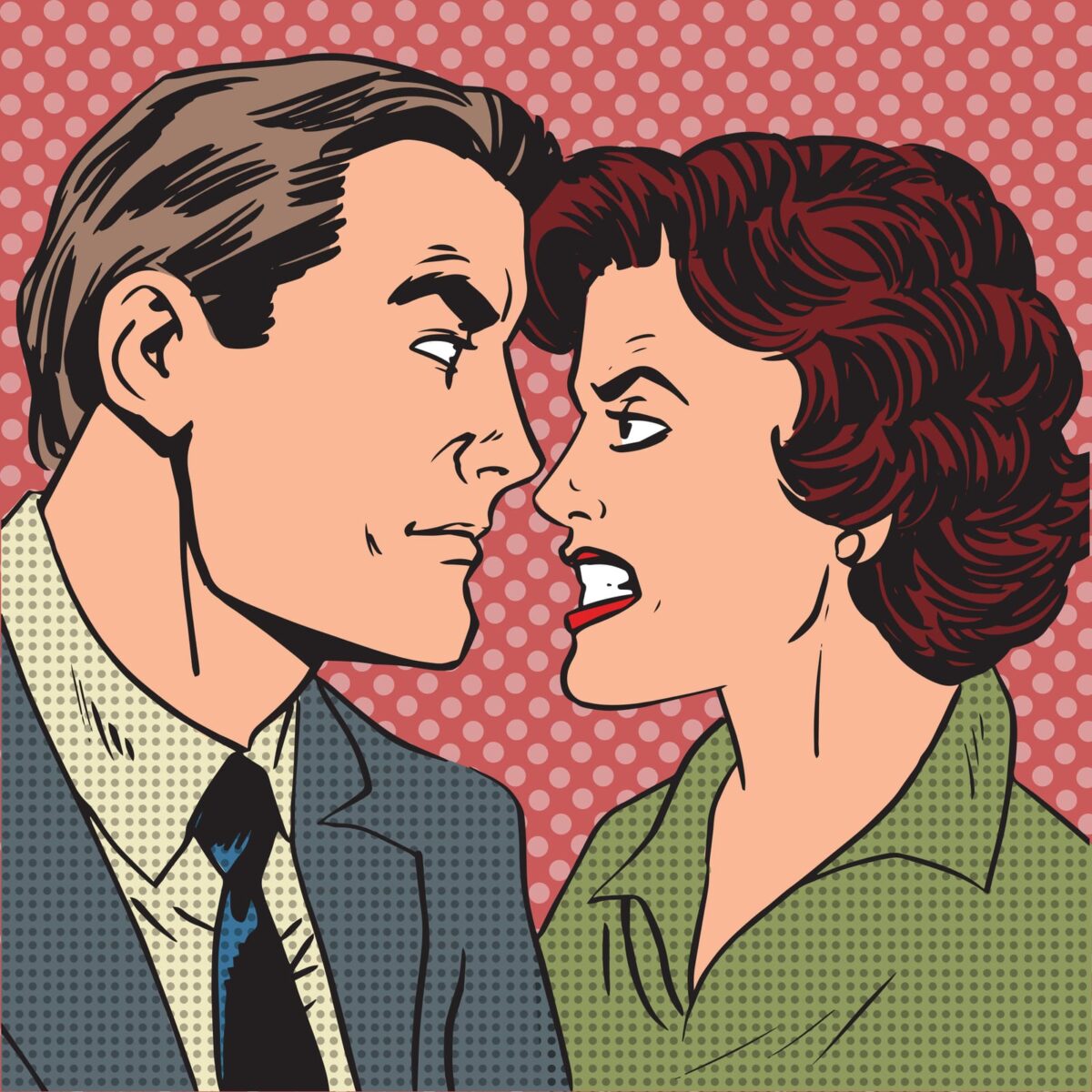 cartoon image of man and woman fighting, in each other's face with hate