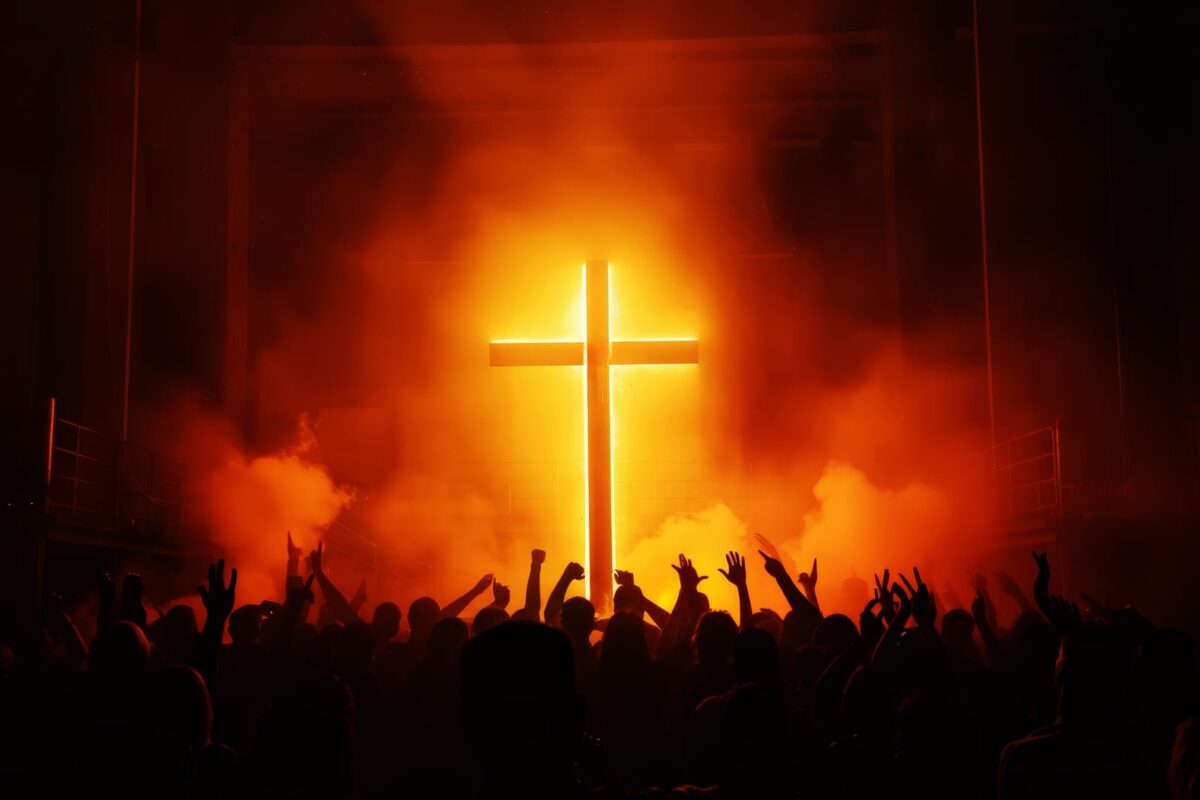 worship service with smoke and lights and the cross is featured