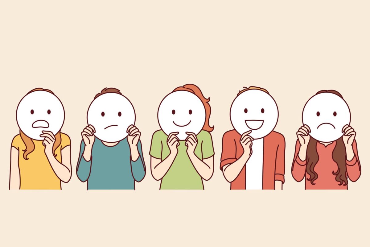 cartoon people in a row all hiding behind masks and not being real